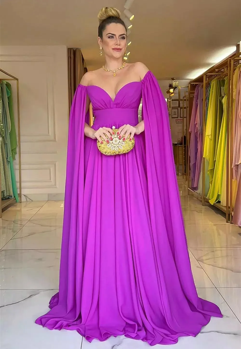 Off Shoulder Prom Dresses with Cape Sleeve for Women Long Chiffon Formal Evening Gowns A-Line Wedding Guest Dress LA80