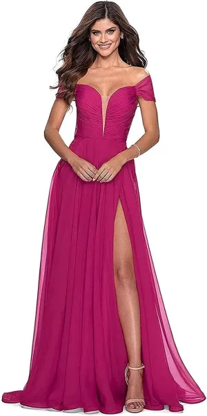 Off The Shoulder Bridesmaid Dress with Slit V Neck Formal Prom Dress Chiffon A Line Evening Gowns for Women Fuchsia US14