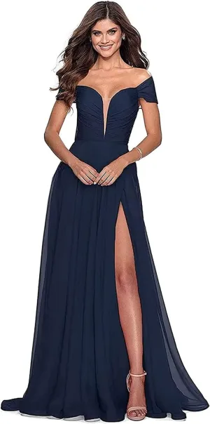 Off The Shoulder Bridesmaid Dress with Slit V Neck Formal Prom Dress Chiffon A Line Evening Gowns for Women Navy US20W