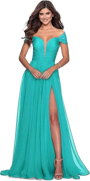 Off The Shoulder Bridesmaid Dress with Slit V Neck Formal Prom Dress Chiffon A Line Evening Gowns for Women Turquoise US18W
