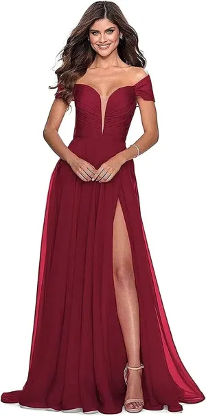 Off The Shoulder Bridesmaid Dress with Slit V Neck Formal Prom Dress Chiffon A Line Evening Gowns for Women Wine US24W