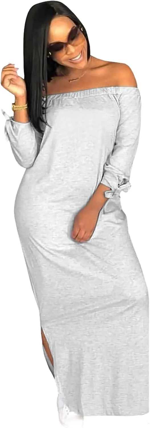OLUOLIN Women's Casual Letter Print Off Shoulder Long Sleeve Bowknot Sides Slit Loose Long T-Shirt Maxi Dress