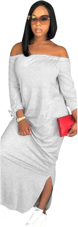OLUOLIN Women's Casual Letter Print Off Shoulder Long Sleeve Bowknot Sides Slit Loose Long T-Shirt Maxi Dress