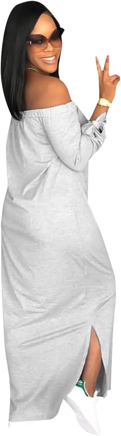 OLUOLIN Women's Casual Letter Print Off Shoulder Long Sleeve Bowknot Sides Slit Loose Long T-Shirt Maxi Dress