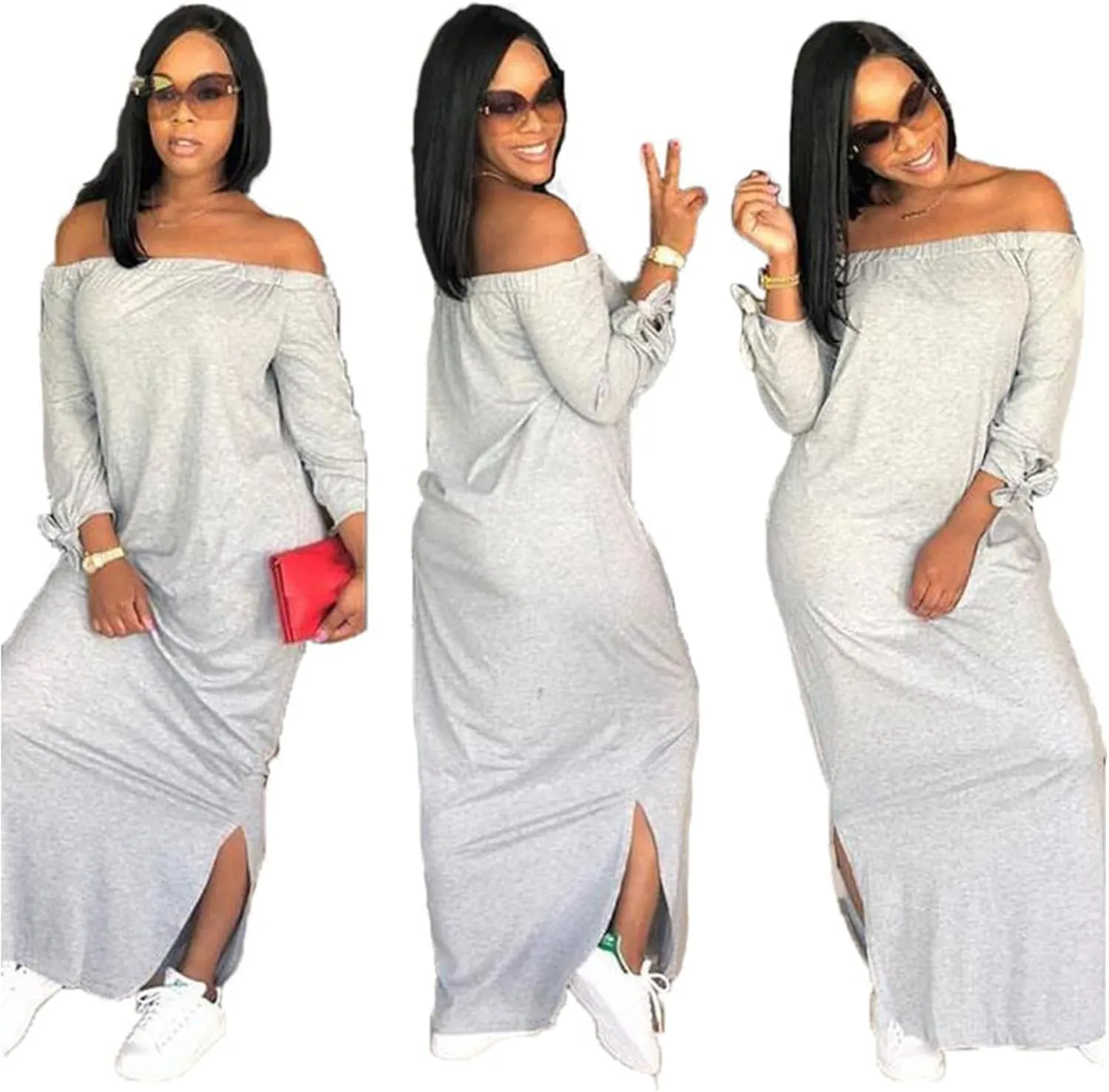 OLUOLIN Women's Casual Letter Print Off Shoulder Long Sleeve Bowknot Sides Slit Loose Long T-Shirt Maxi Dress