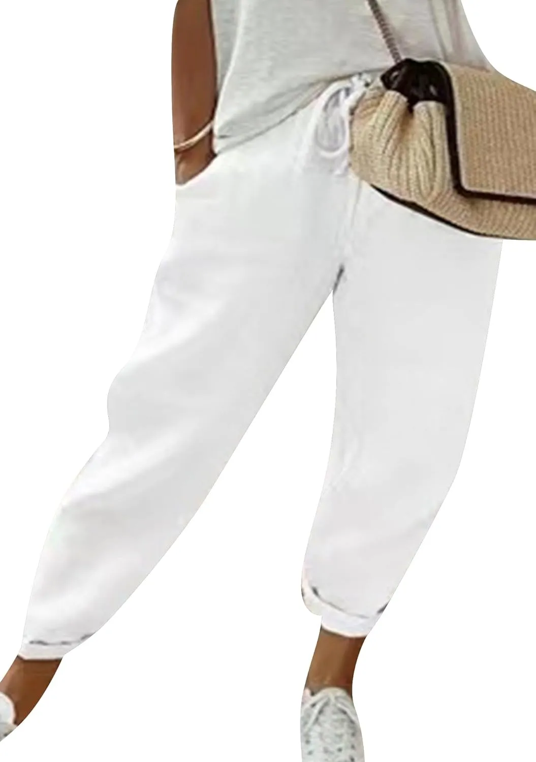 OMZIN Women Drawstring Loose High Waist Pants Casual Soft Trousers Solid Color Holiday Slacks