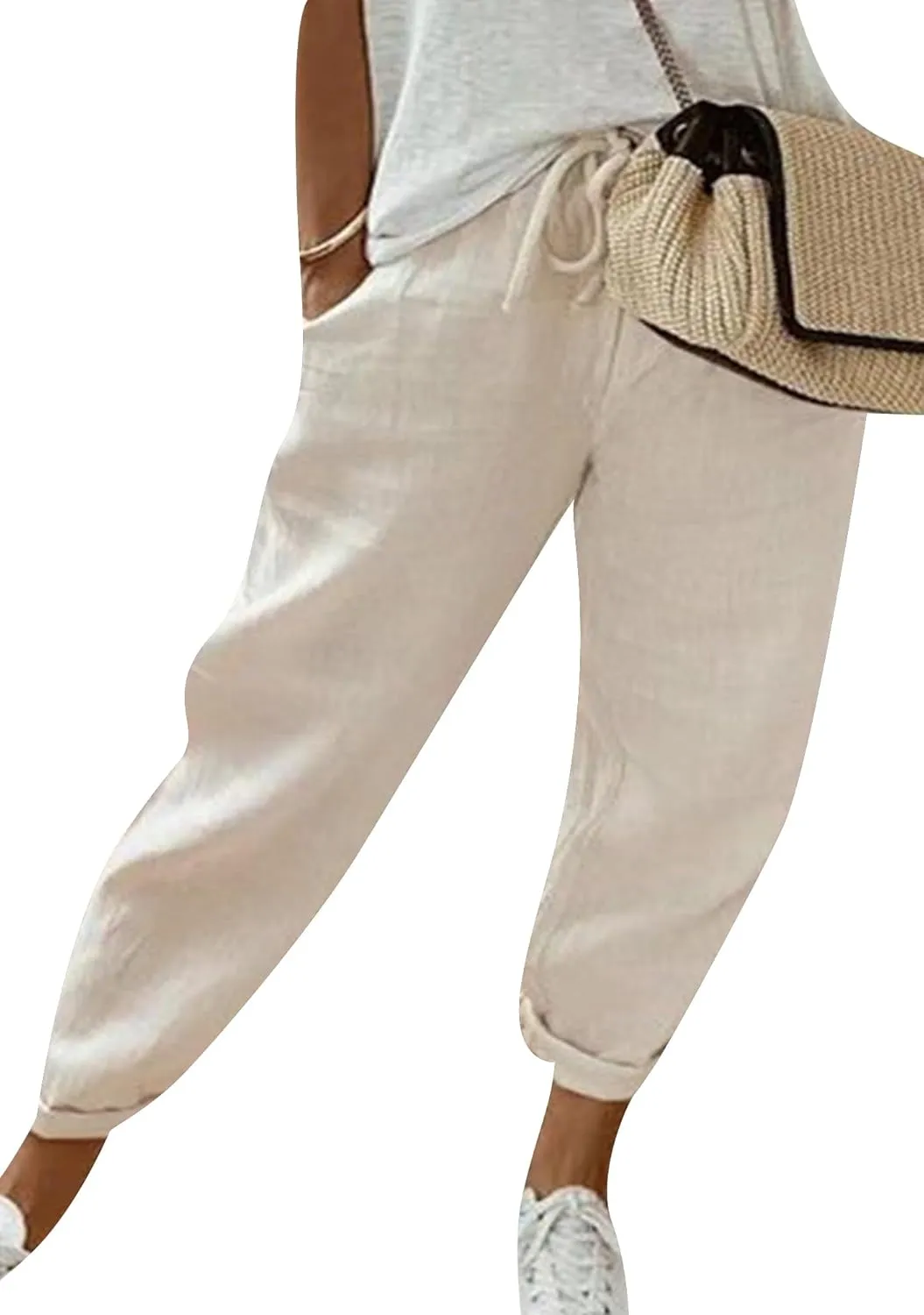 OMZIN Women Drawstring Loose High Waist Pants Casual Soft Trousers Solid Color Holiday Slacks
