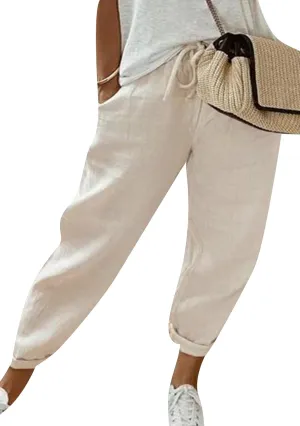 OMZIN Women Drawstring Loose High Waist Pants Casual Soft Trousers Solid Color Holiday Slacks