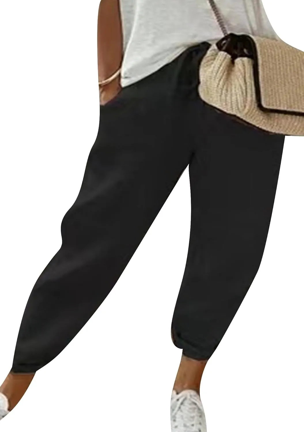 OMZIN Women Drawstring Loose High Waist Pants Casual Soft Trousers Solid Color Holiday Slacks