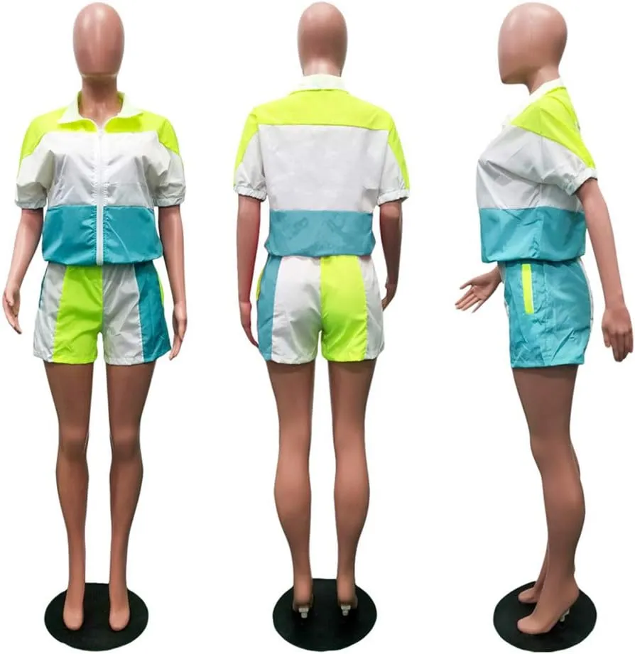 Ophestin Womens Casual 2 Piece Outfits Patchwork Half Sleeve Jacket Shorts Sets
