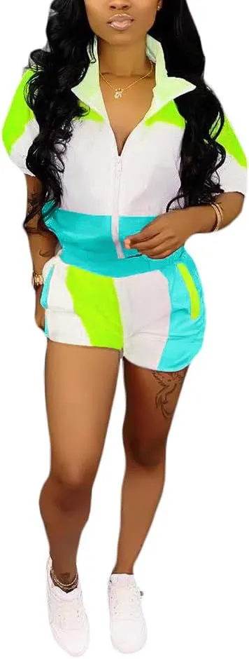 Ophestin Womens Casual 2 Piece Outfits Patchwork Half Sleeve Jacket Shorts Sets