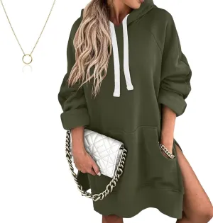 Oversized Hoodie Dress Women Sweatshirt,Hoodies Pullover Long Sleeve Side Split Tshirt Dress with Pocket