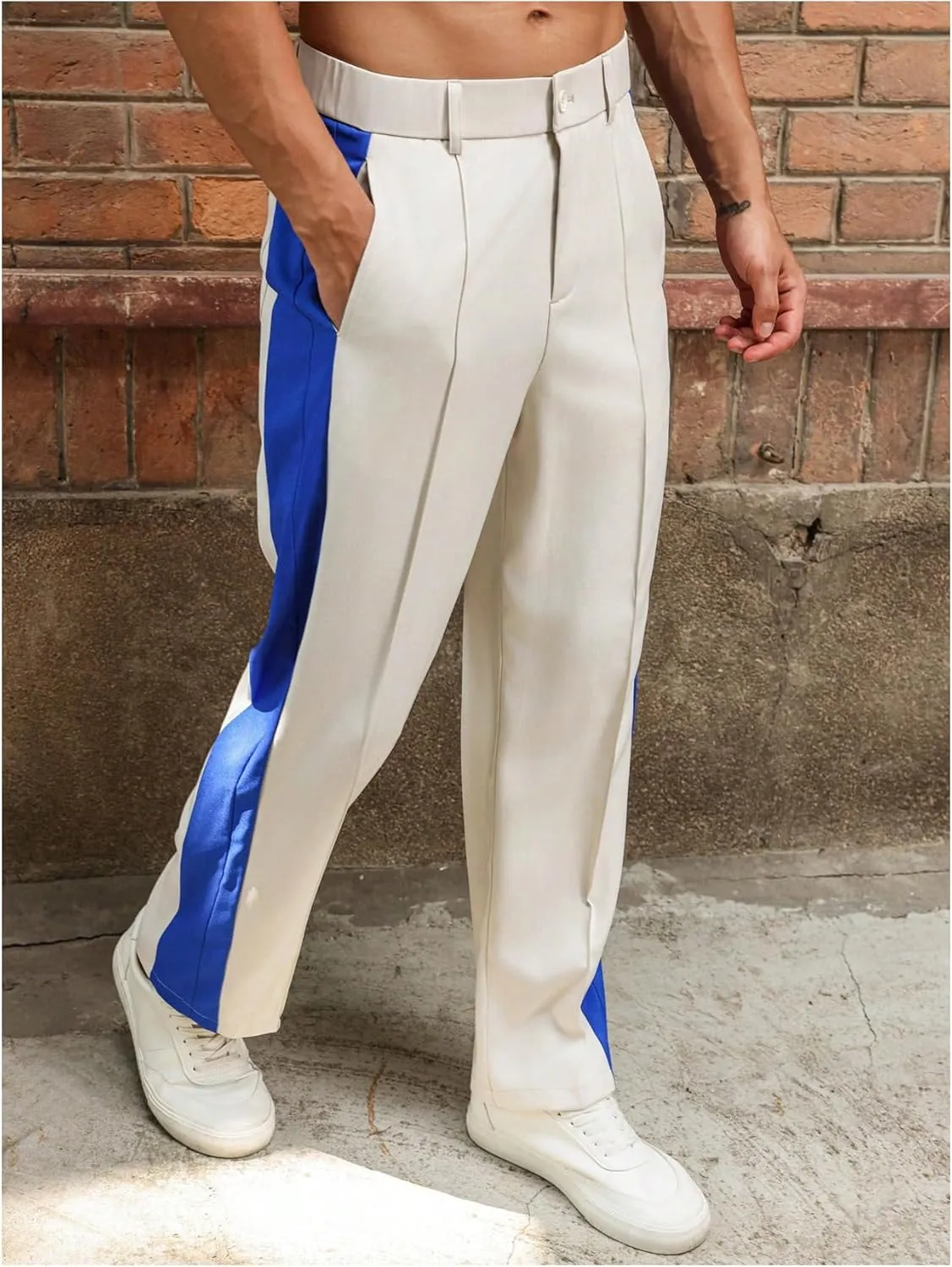 OYOANGLE Men's Color Block Pleated Front Work Pants Business Casual Long Slacks Zipper Dress Pants