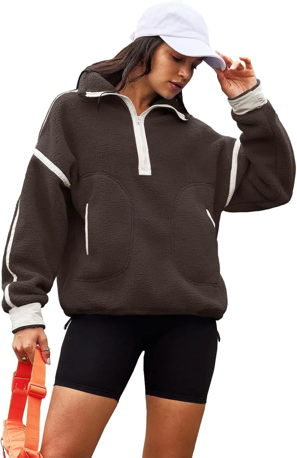 Panadila Womens Half Zip Sherpa Fleece Pullover Soft Oversized Sweatshirt with Pockets Warm Fuzzy Sweater