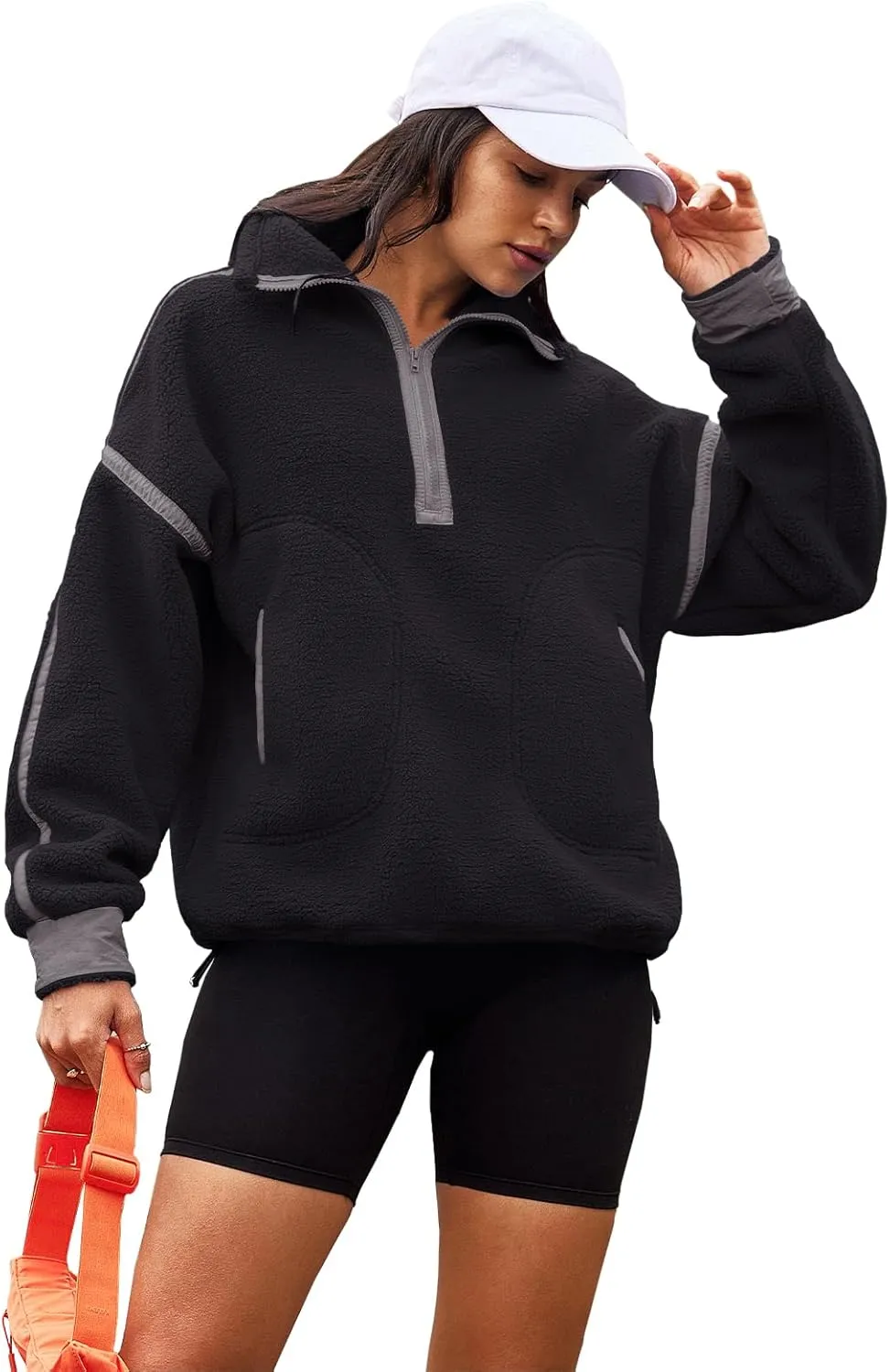Panadila Womens Half Zip Sherpa Fleece Pullover Soft Oversized Sweatshirt with Pockets Warm Fuzzy Sweater