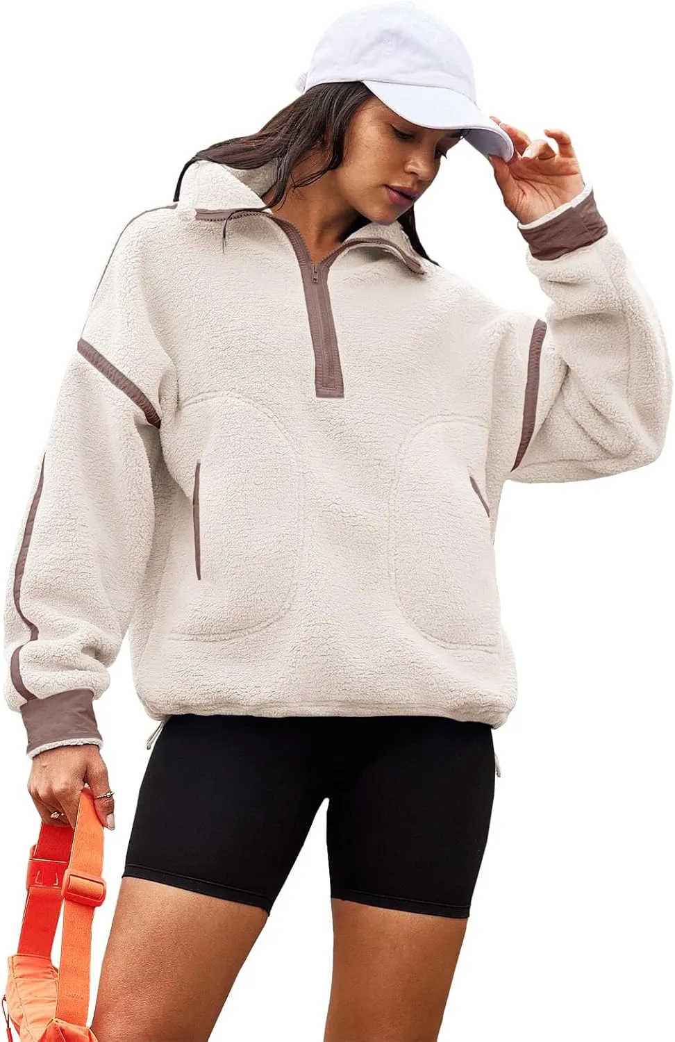 Panadila Womens Half Zip Sherpa Fleece Pullover Soft Oversized Sweatshirt with Pockets Warm Fuzzy Sweater