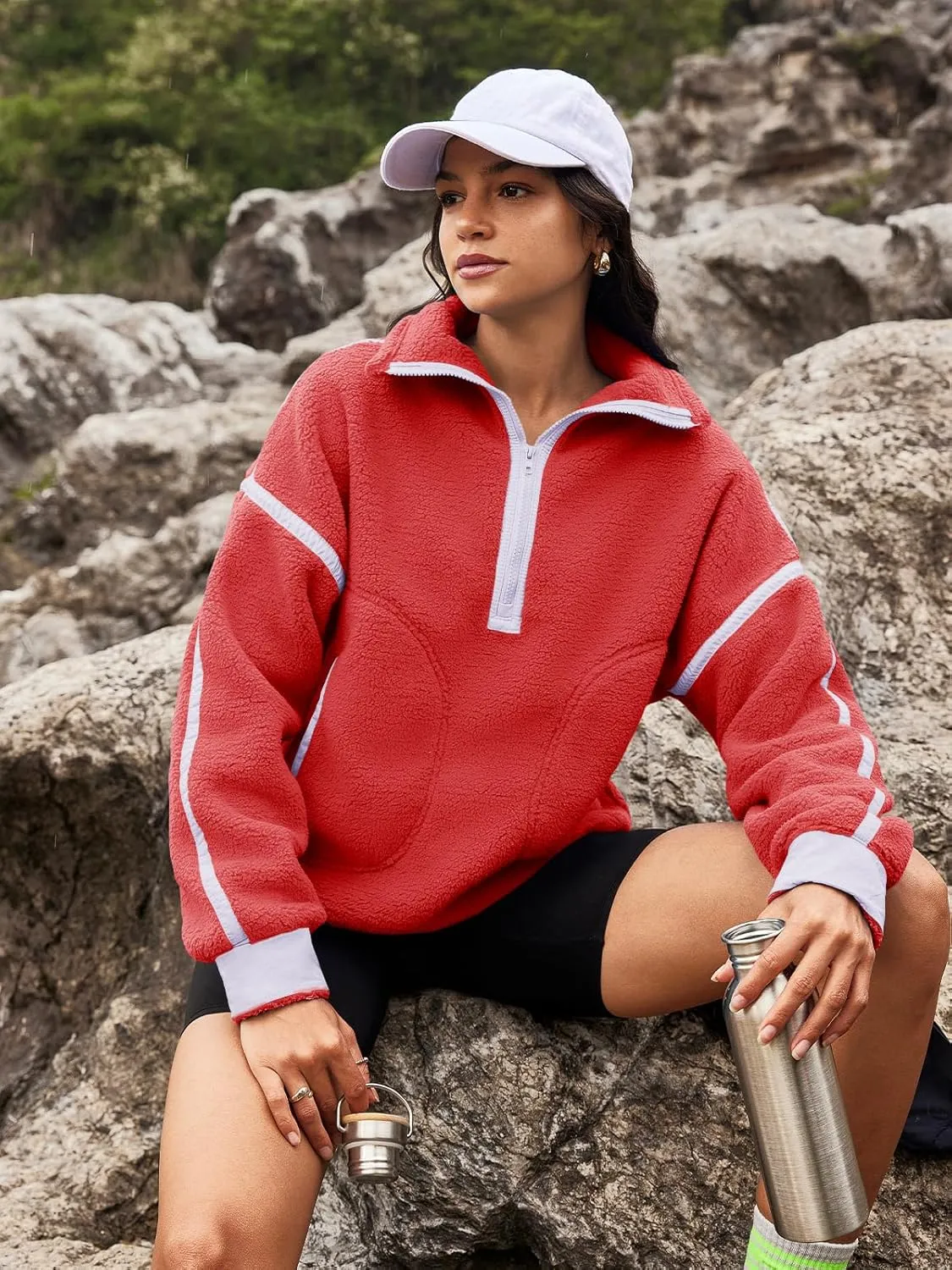 Panadila Womens Half Zip Sherpa Fleece Pullover Soft Oversized Sweatshirt with Pockets Warm Fuzzy Sweater