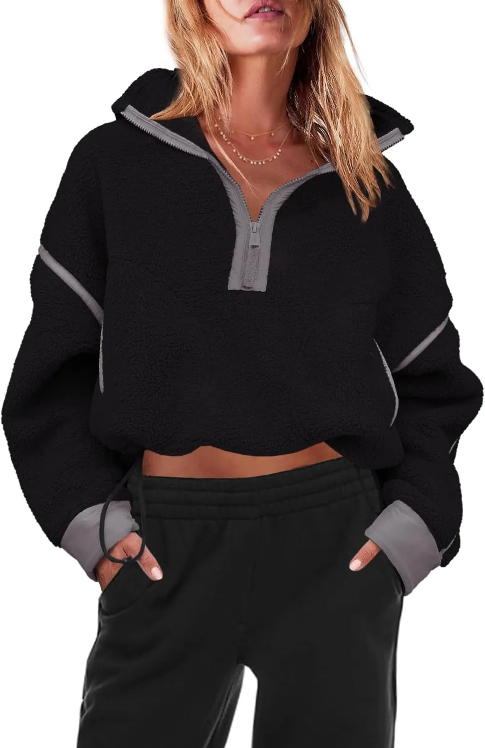 Panadila Womens Half Zip Sherpa Fleece Pullover Soft Oversized Sweatshirt with Pockets Warm Fuzzy Sweater