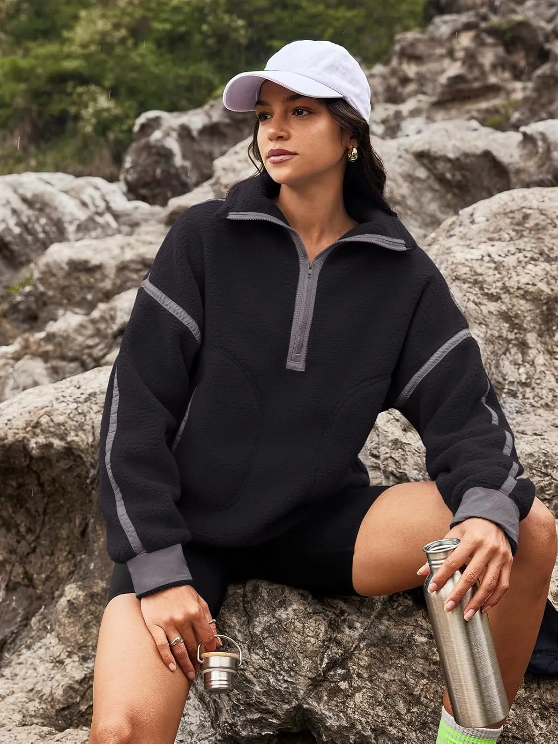 Panadila Womens Half Zip Sherpa Fleece Pullover Soft Oversized Sweatshirt with Pockets Warm Fuzzy Sweater