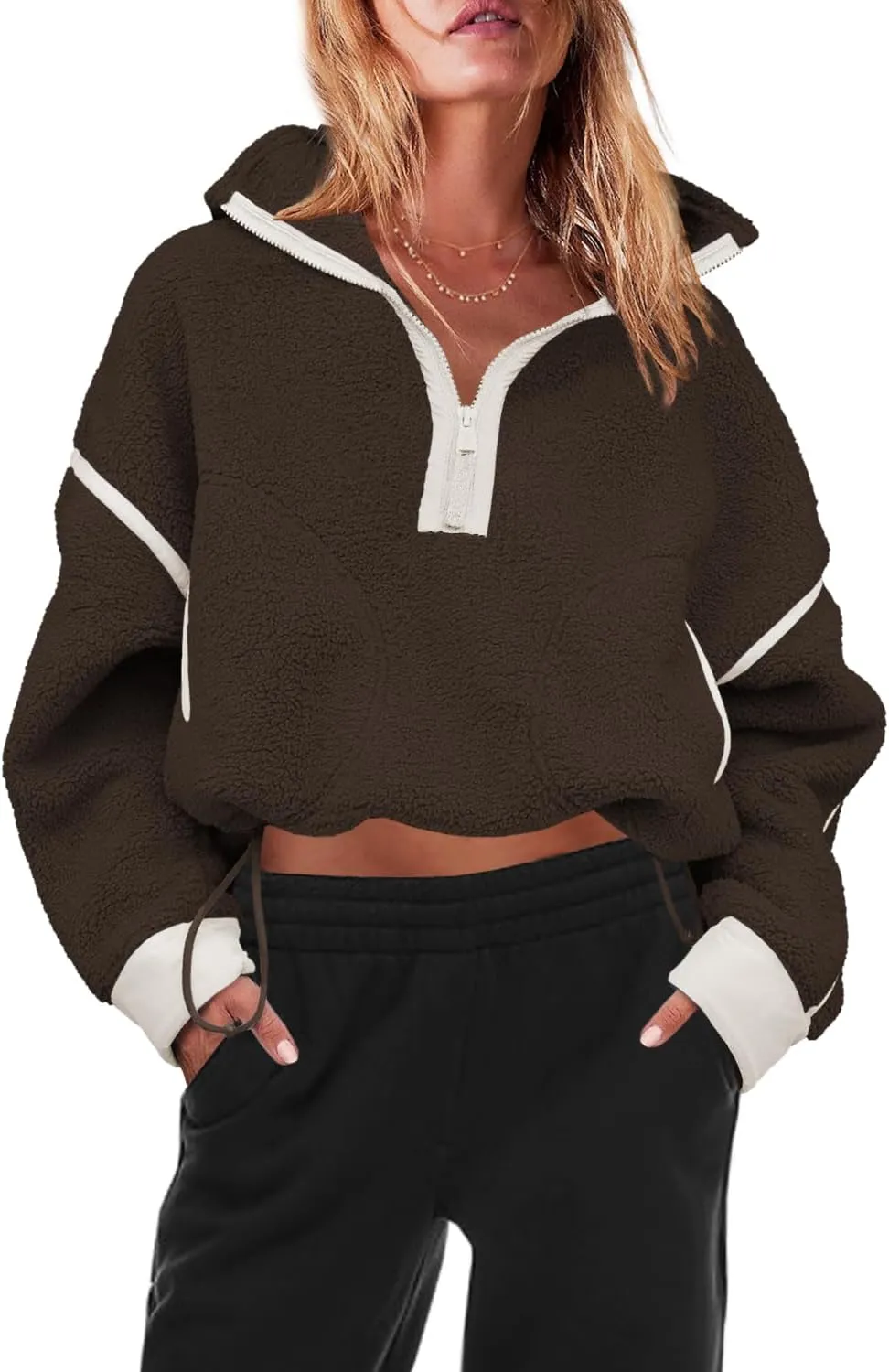 Panadila Womens Half Zip Sherpa Fleece Pullover Soft Oversized Sweatshirt with Pockets Warm Fuzzy Sweater