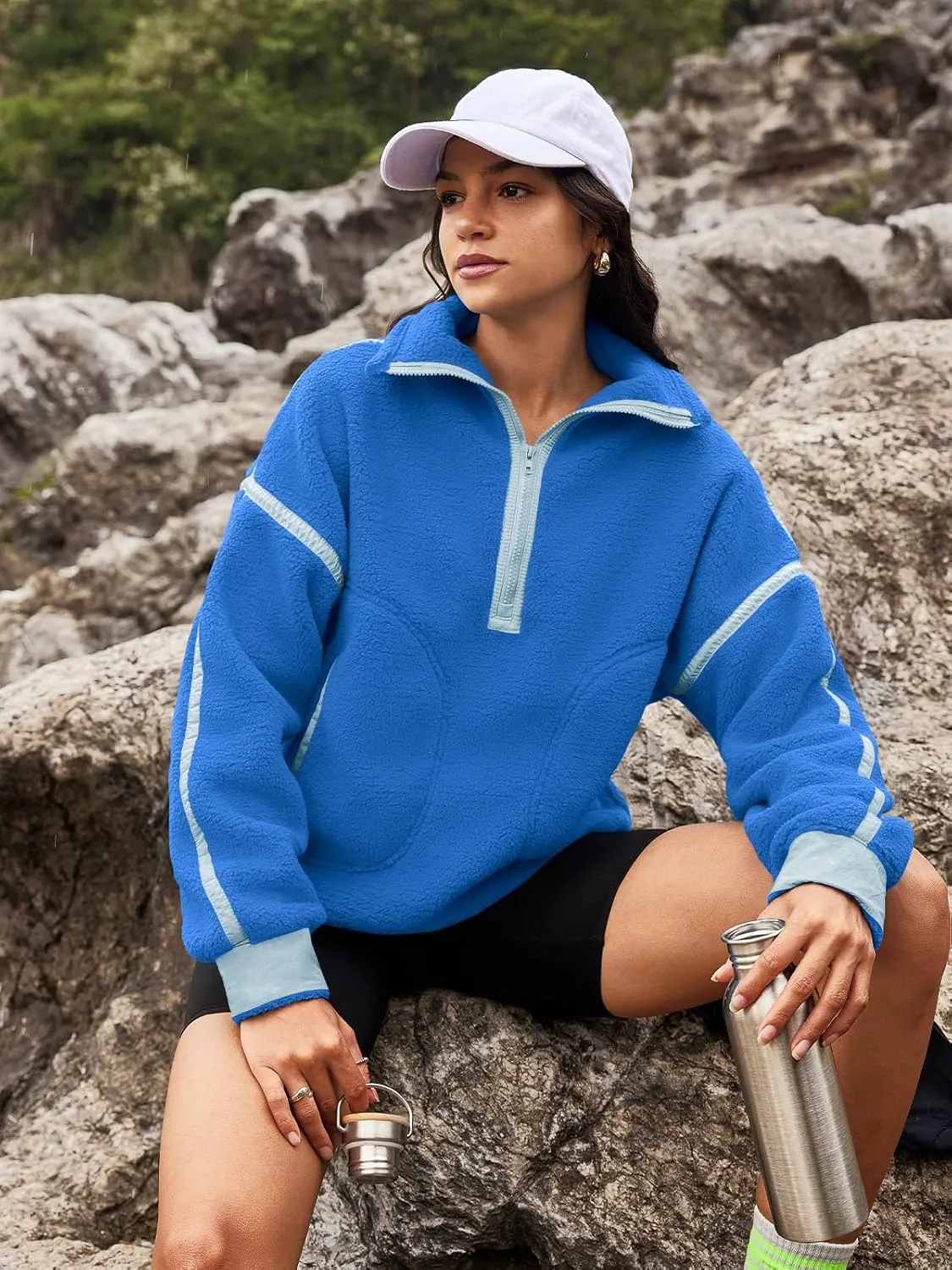 Panadila Womens Half Zip Sherpa Fleece Pullover Soft Oversized Sweatshirt with Pockets Warm Fuzzy Sweater