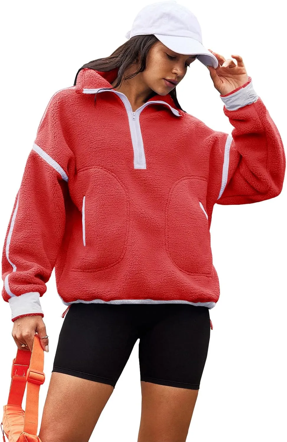 Panadila Womens Half Zip Sherpa Fleece Pullover Soft Oversized Sweatshirt with Pockets Warm Fuzzy Sweater