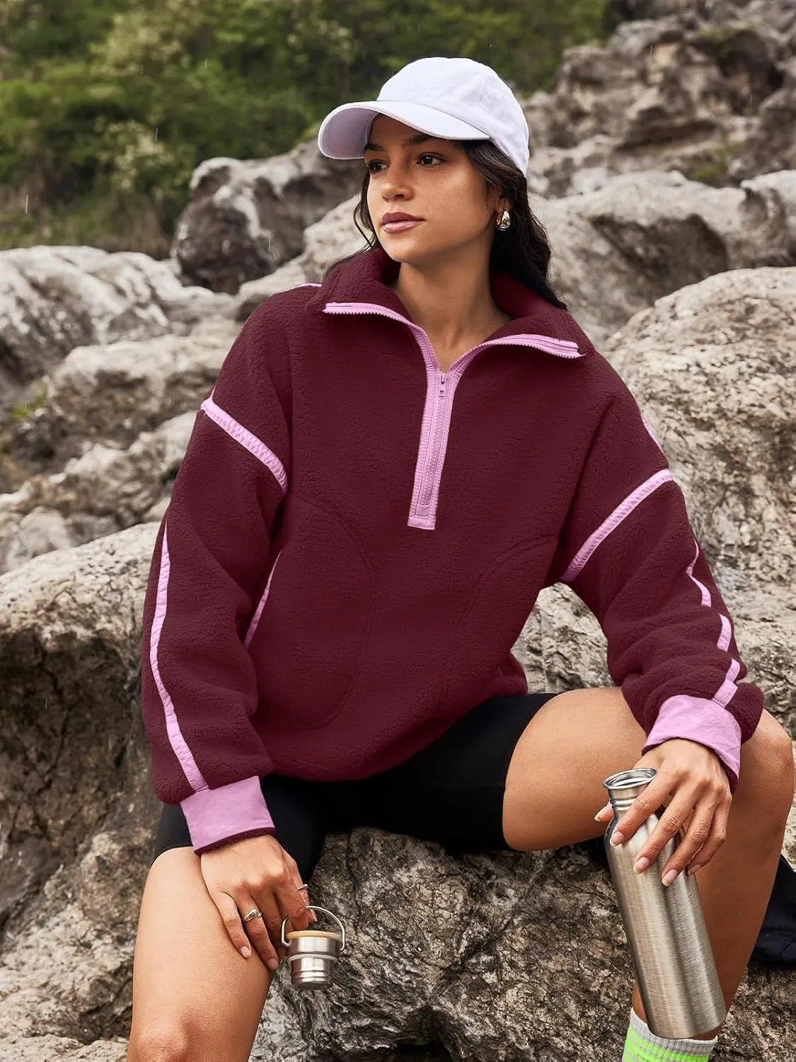 Panadila Womens Half Zip Sherpa Fleece Pullover Soft Oversized Sweatshirt with Pockets Warm Fuzzy Sweater