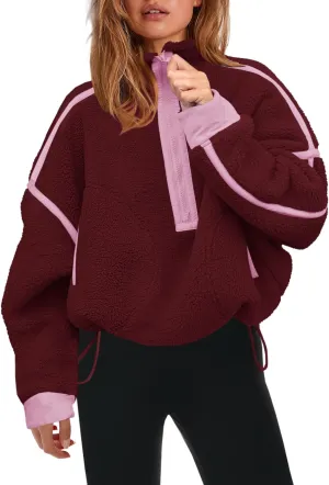 Panadila Womens Half Zip Sherpa Fleece Pullover Soft Oversized Sweatshirt with Pockets Warm Fuzzy Sweater