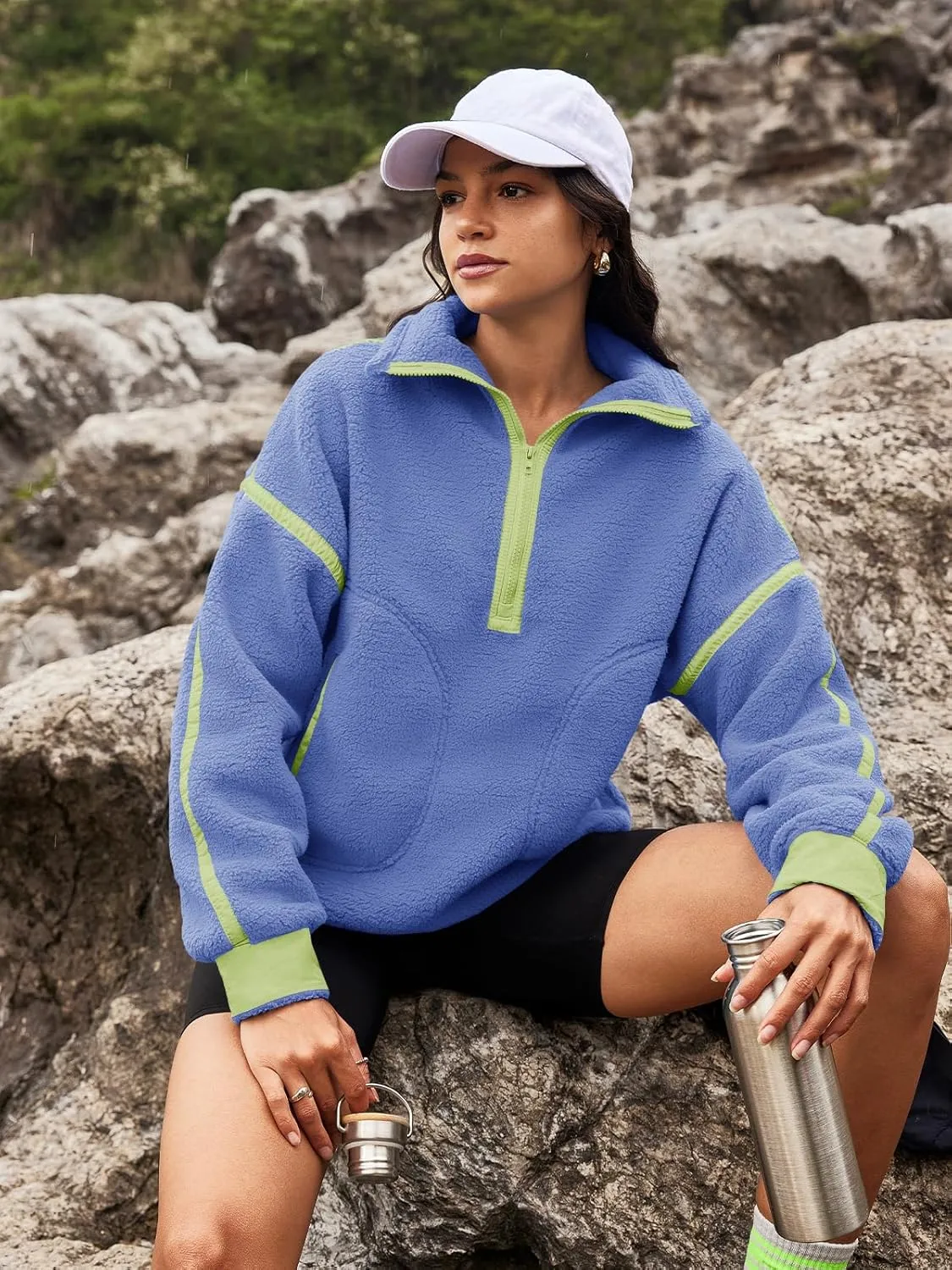 Panadila Womens Half Zip Sherpa Fleece Pullover Soft Oversized Sweatshirt with Pockets Warm Fuzzy Sweater