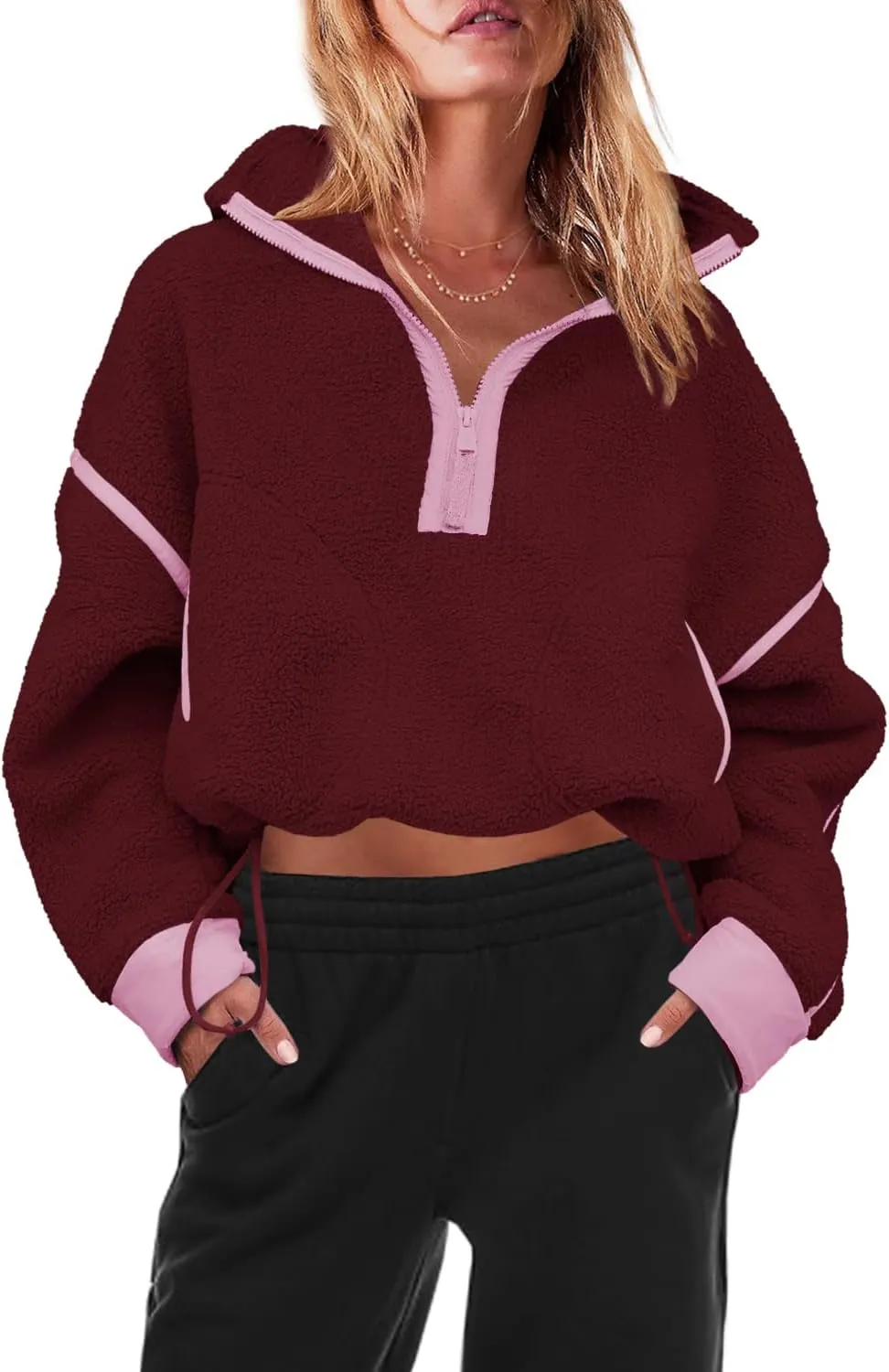 Panadila Womens Half Zip Sherpa Fleece Pullover Soft Oversized Sweatshirt with Pockets Warm Fuzzy Sweater