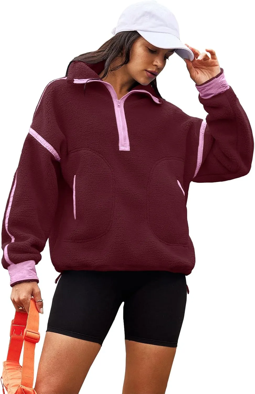 Panadila Womens Half Zip Sherpa Fleece Pullover Soft Oversized Sweatshirt with Pockets Warm Fuzzy Sweater