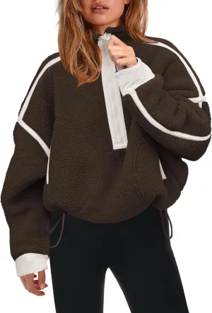 Panadila Womens Half Zip Sherpa Fleece Pullover Soft Oversized Sweatshirt with Pockets Warm Fuzzy Sweater