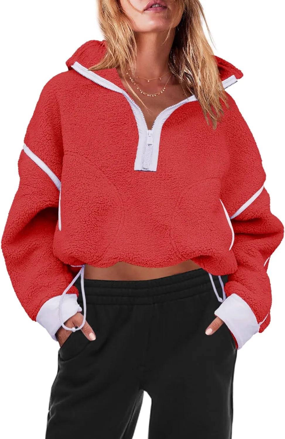 Panadila Womens Half Zip Sherpa Fleece Pullover Soft Oversized Sweatshirt with Pockets Warm Fuzzy Sweater