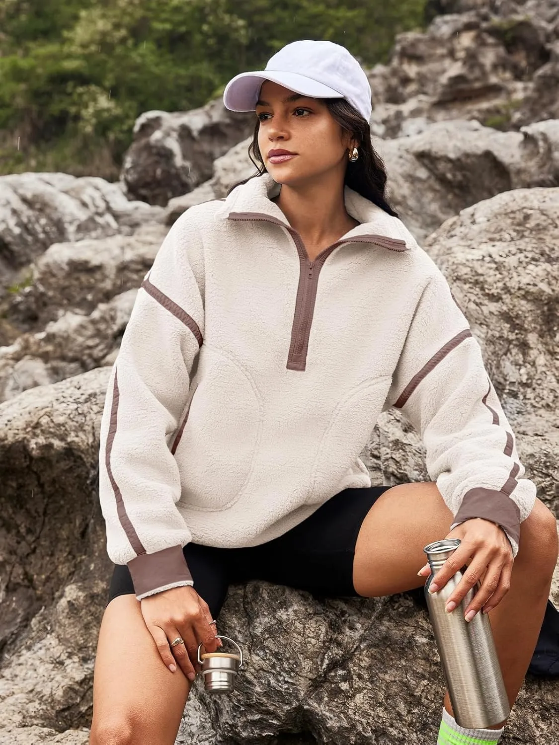 Panadila Womens Half Zip Sherpa Fleece Pullover Soft Oversized Sweatshirt with Pockets Warm Fuzzy Sweater