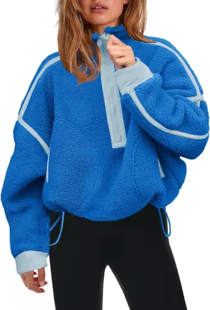 Panadila Womens Half Zip Sherpa Fleece Pullover Soft Oversized Sweatshirt with Pockets Warm Fuzzy Sweater