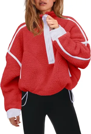 Panadila Womens Half Zip Sherpa Fleece Pullover Soft Oversized Sweatshirt with Pockets Warm Fuzzy Sweater