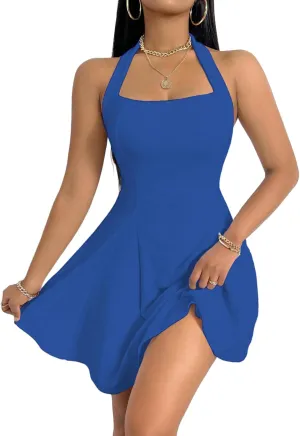 PerZeal Women's 2025 Summer Dress Sleeveless Halter Neck Sundress Backless Flared Short Mini Beach Dress