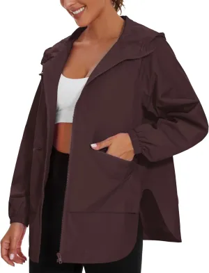 PESION Womens Waterproof Raincoat Lightweight Rain Jacket Trench Coat Hooded Windbreaker With Pockets for Outdoor