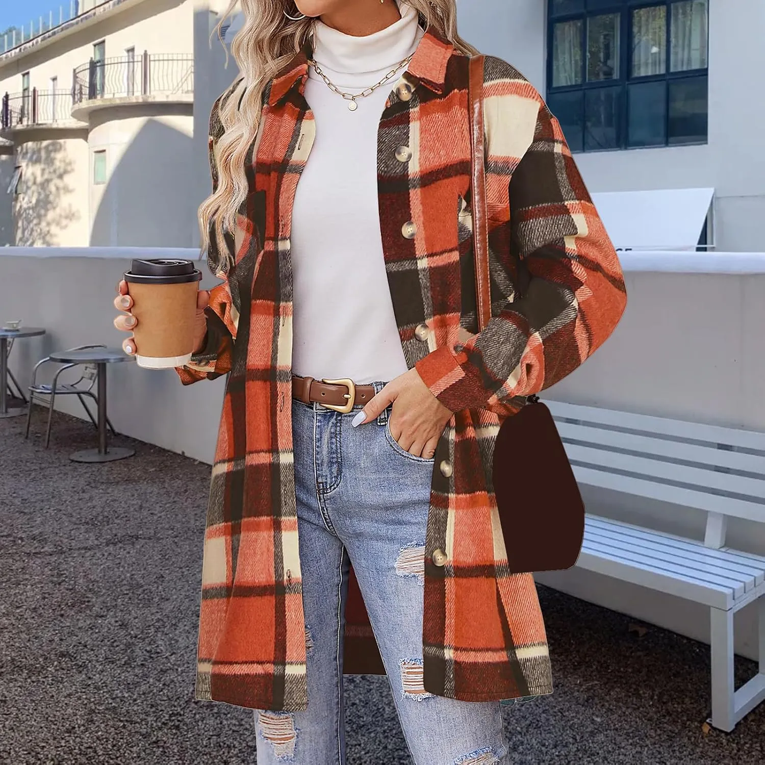 Plaid Shirts for Women Oversized Long Trench Coat Button Down Shirt Lightweight Long Sleeve Outerwear Winter Trendy