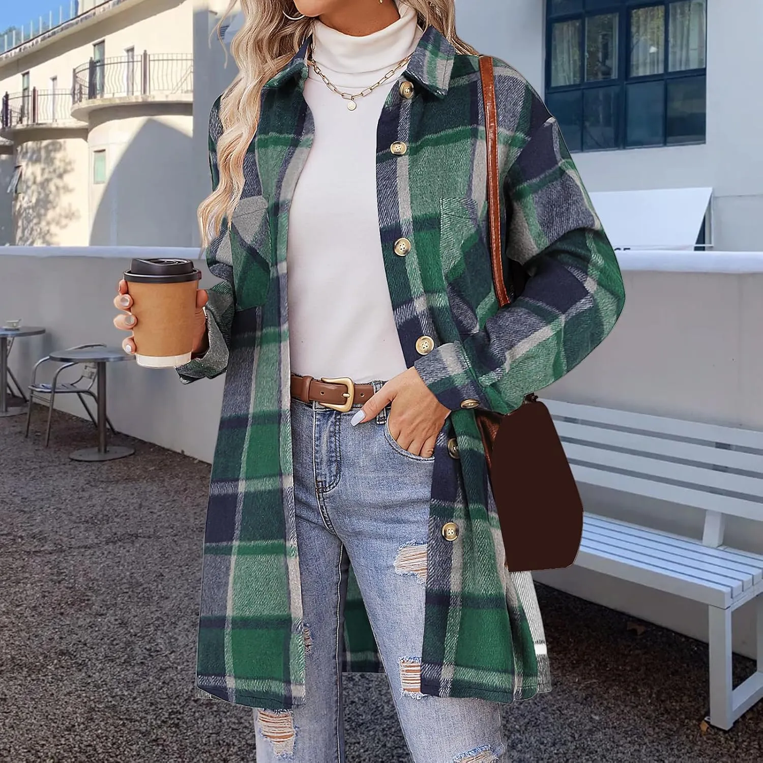 Plaid Shirts for Women Oversized Long Trench Coat Button Down Shirt Lightweight Long Sleeve Outerwear Winter Trendy