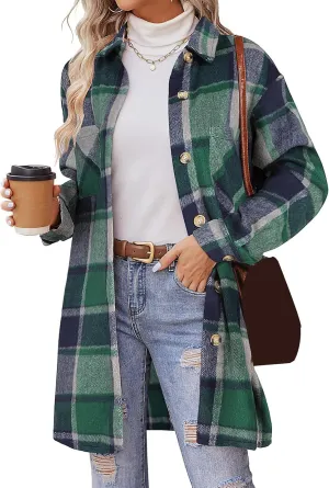 Plaid Shirts for Women Oversized Long Trench Coat Button Down Shirt Lightweight Long Sleeve Outerwear Winter Trendy