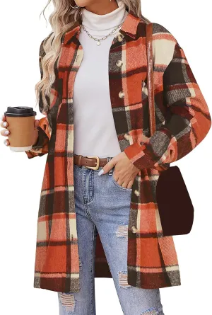 Plaid Shirts for Women Oversized Long Trench Coat Button Down Shirt Lightweight Long Sleeve Outerwear Winter Trendy