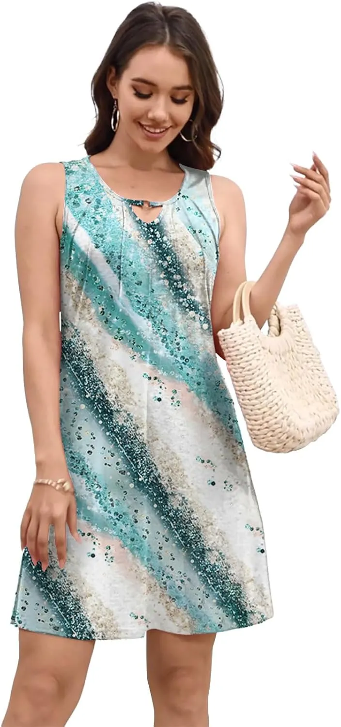 Pleated Front Summer Dresses for Women 2025 Casual Beach Floral Print Sundress Boho Tank Dress