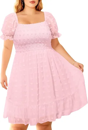 Plus Size Square Neck Graduation Summer Casual Sundress Chiffon Swiss Dot Ruffle Flowy Short Smocked Dress 2024