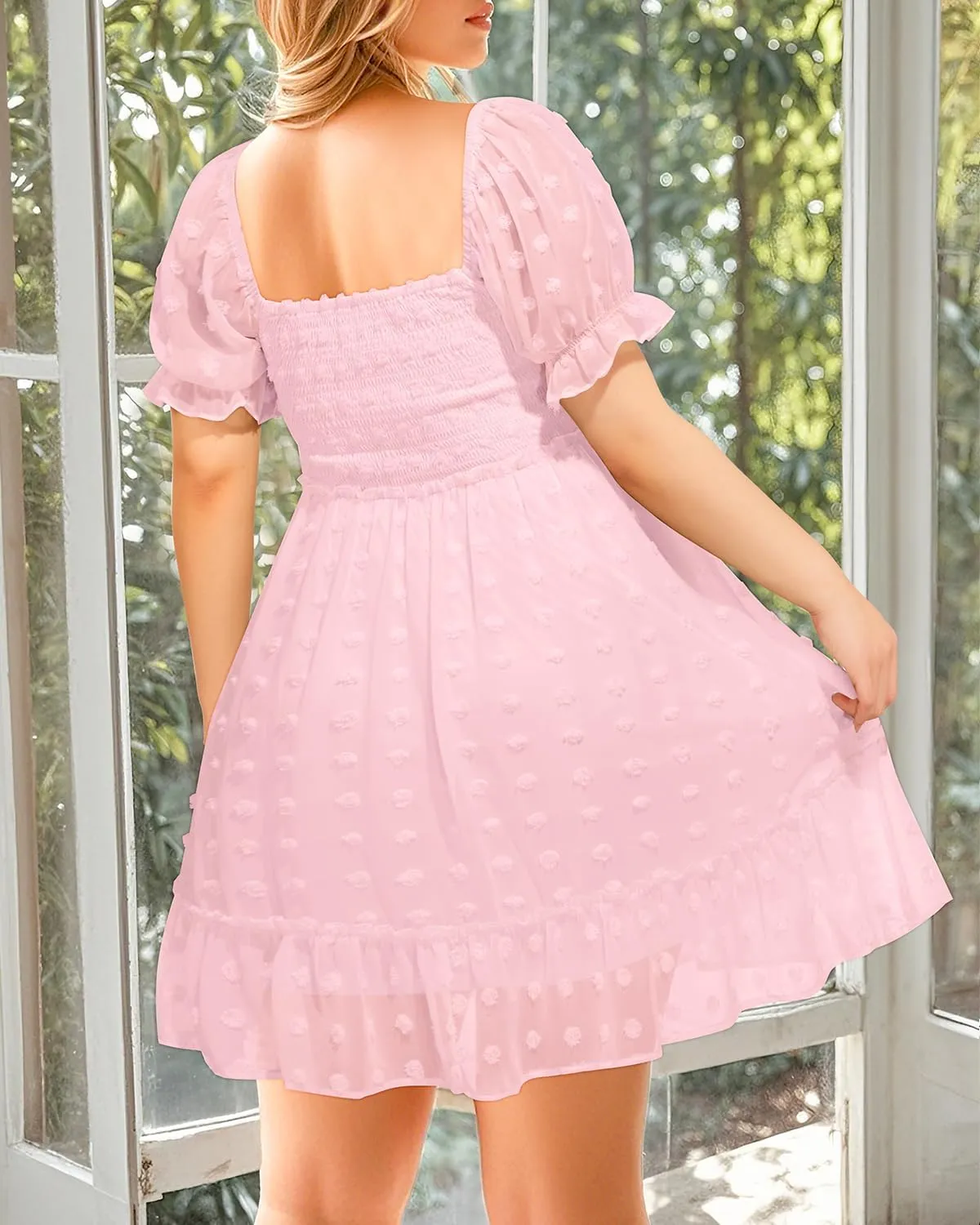 Plus Size Square Neck Graduation Summer Casual Sundress Chiffon Swiss Dot Ruffle Flowy Short Smocked Dress 2024