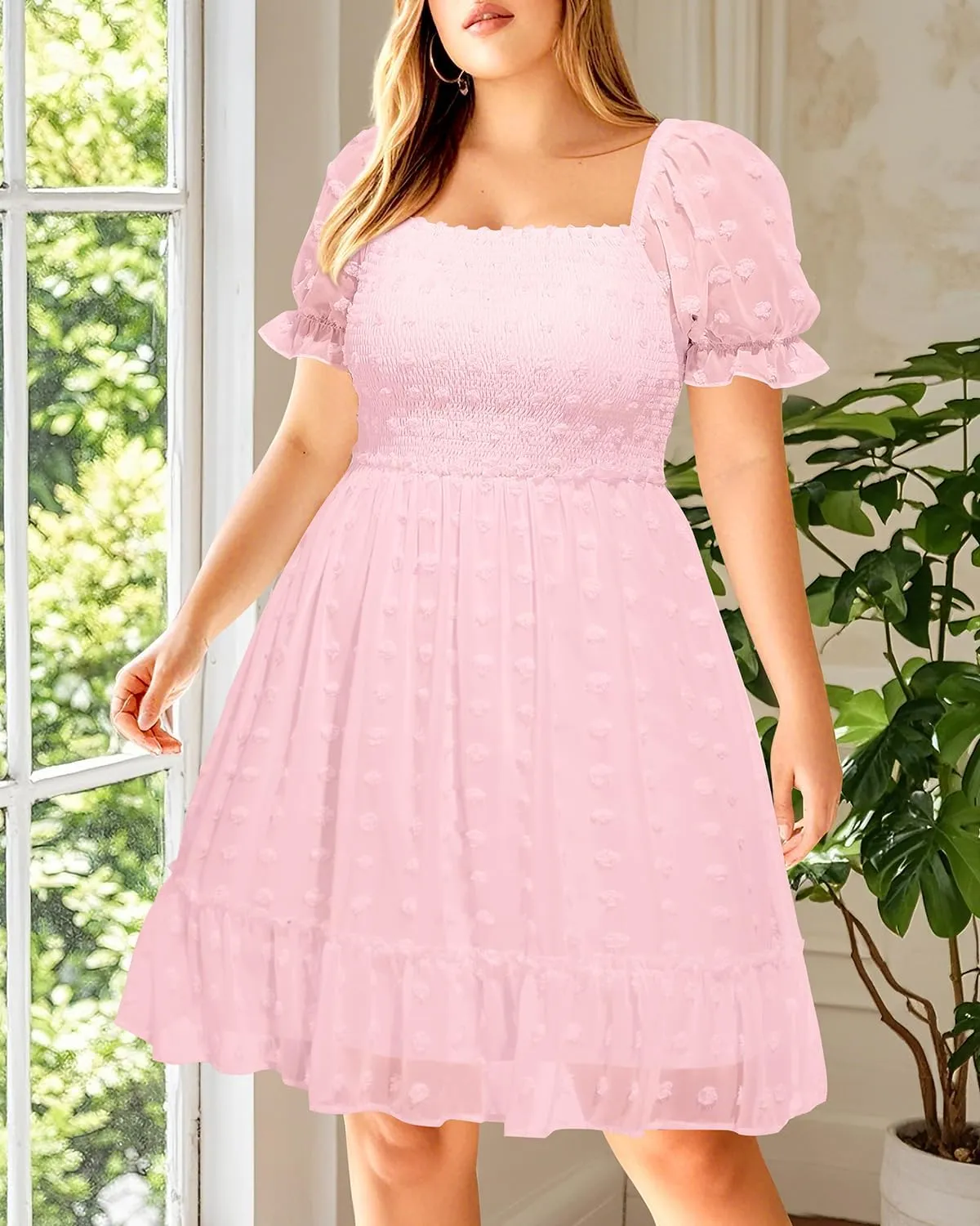 Plus Size Square Neck Graduation Summer Casual Sundress Chiffon Swiss Dot Ruffle Flowy Short Smocked Dress 2024