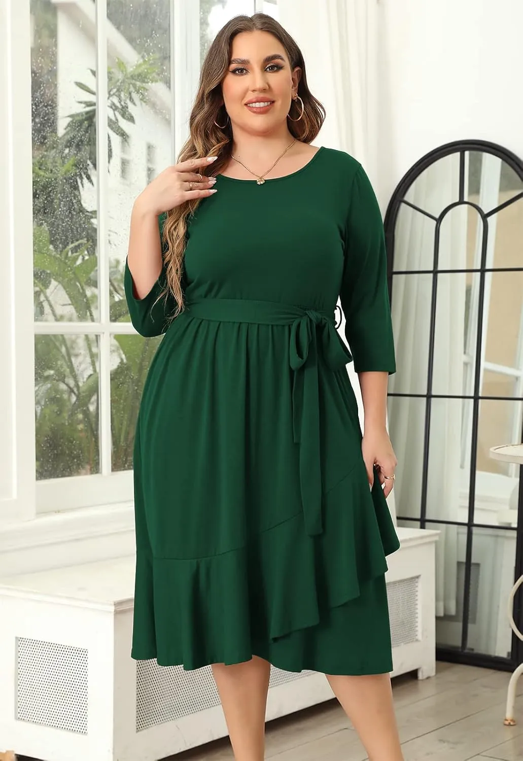 Plus Size Women Spring Empire Waist Midi Cocktail Dress Holiday Dress with Pocket Short Sleeve