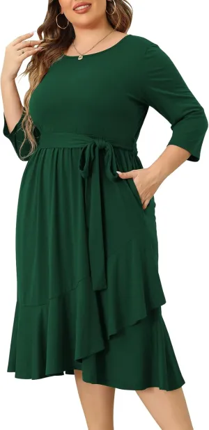 Plus Size Women Spring Empire Waist Midi Cocktail Dress Holiday Dress with Pocket Short Sleeve