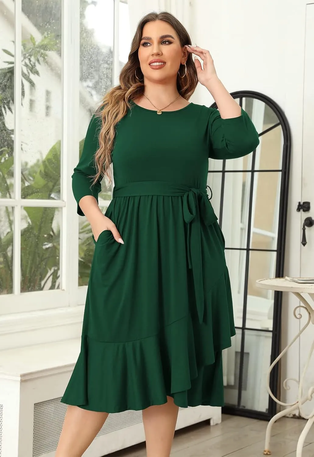 Plus Size Women Spring Empire Waist Midi Cocktail Dress Holiday Dress with Pocket Short Sleeve