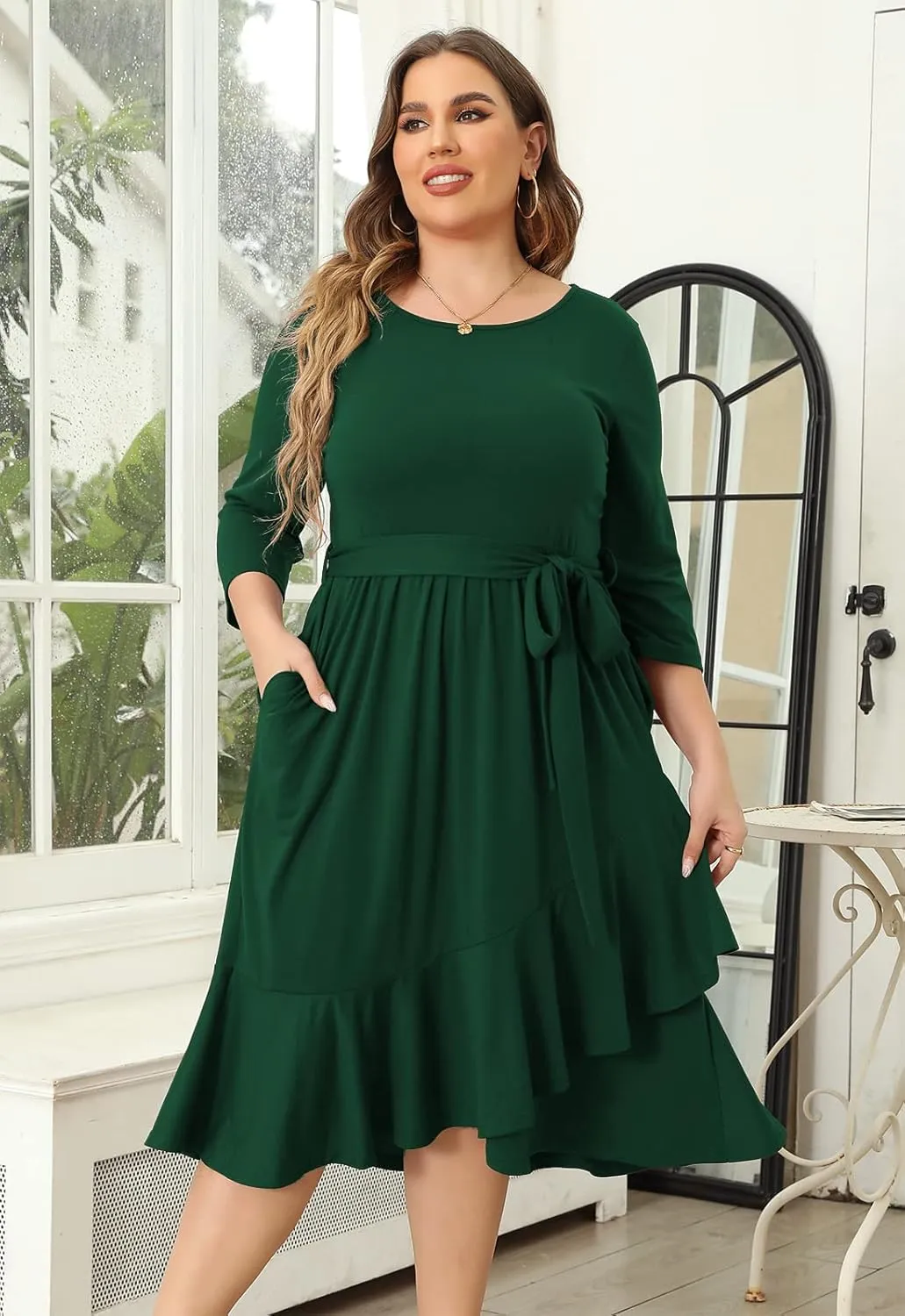 Plus Size Women Spring Empire Waist Midi Cocktail Dress Holiday Dress with Pocket Short Sleeve